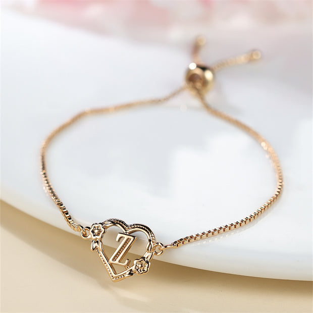 1 Pc Bohemian Style Golden Alphabet Heart Bracelet With Rose Detail, Adjustable Bangle, Love Heart Initial Charm, Valentine's Day Gift Jewelry - Luxe Ladies Moda