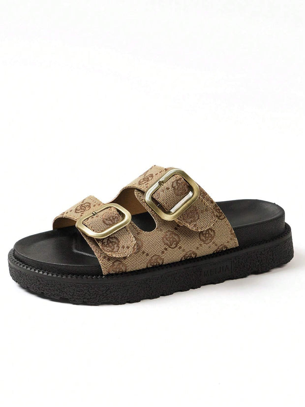 Women Buckle Decor Footbed Sandals, Flatform Fashion Sandals - Luxe Ladies Moda