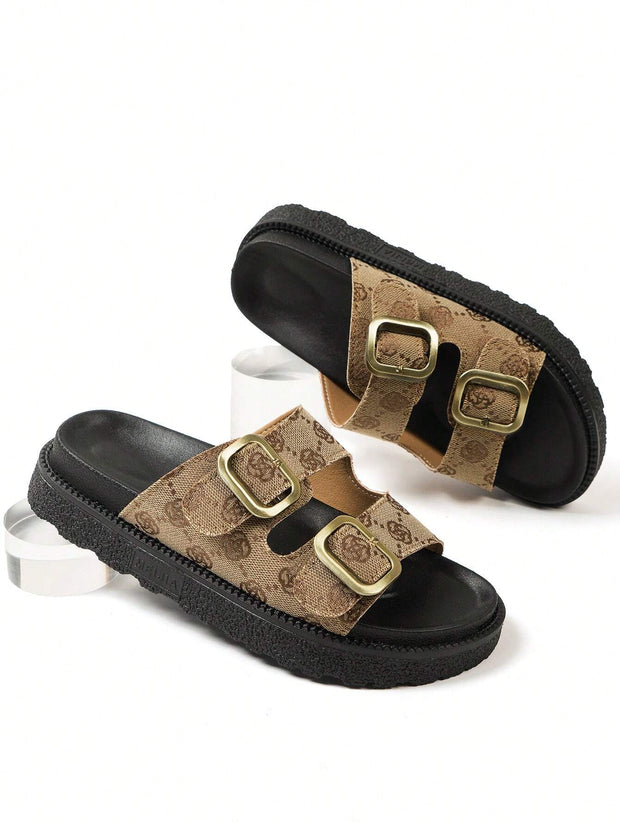 Women Buckle Decor Footbed Sandals, Flatform Fashion Sandals - Luxe Ladies Moda
