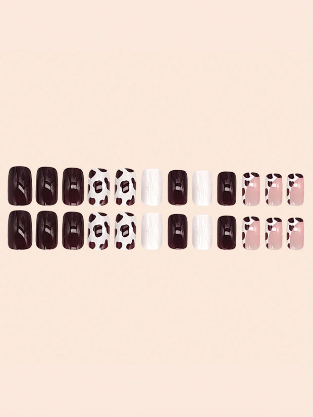 24pcs Medium Square Cow Spot French Tip Press-On Nails – Full Cover False Nail Set - Luxe Ladies Moda