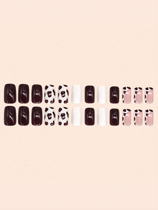 24pcs Medium Square Cow Spot French Tip Press-On Nails – Full Cover False Nail Set - Luxe Ladies Moda