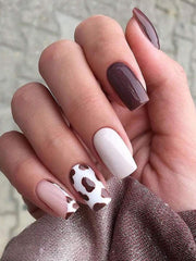 24pcs Medium Square Cow Spot French Tip Press-On Nails – Full Cover False Nail Set - Luxe Ladies Moda