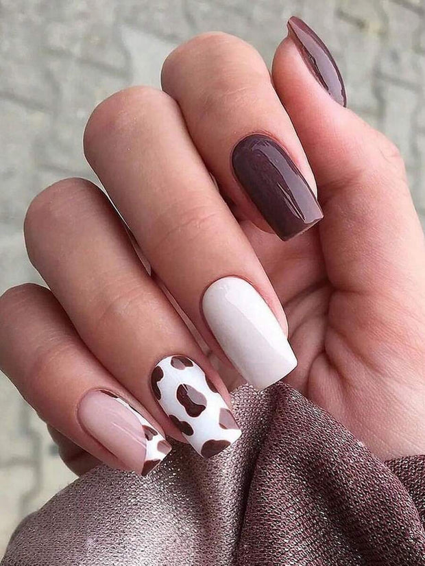 24pcs Medium Square Cow Spot French Tip Press-On Nails – Full Cover False Nail Set - Luxe Ladies Moda