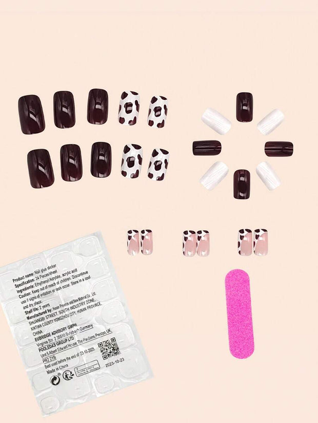 24pcs Medium Square Cow Spot French Tip Press-On Nails – Full Cover False Nail Set - Luxe Ladies Moda