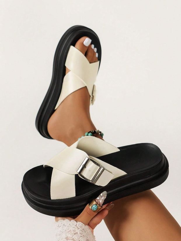 Women Buckle Decor Footbed Sandals, Flatform Fashion Sandals - Luxe Ladies Moda