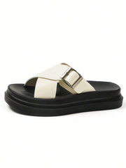 Women Buckle Decor Footbed Sandals, Flatform Fashion Sandals - Luxe Ladies Moda