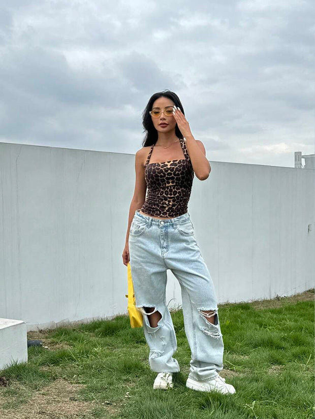 Summer Casual Women's Y2K Leopard Print Halter Crop Top - Luxe Ladies Moda