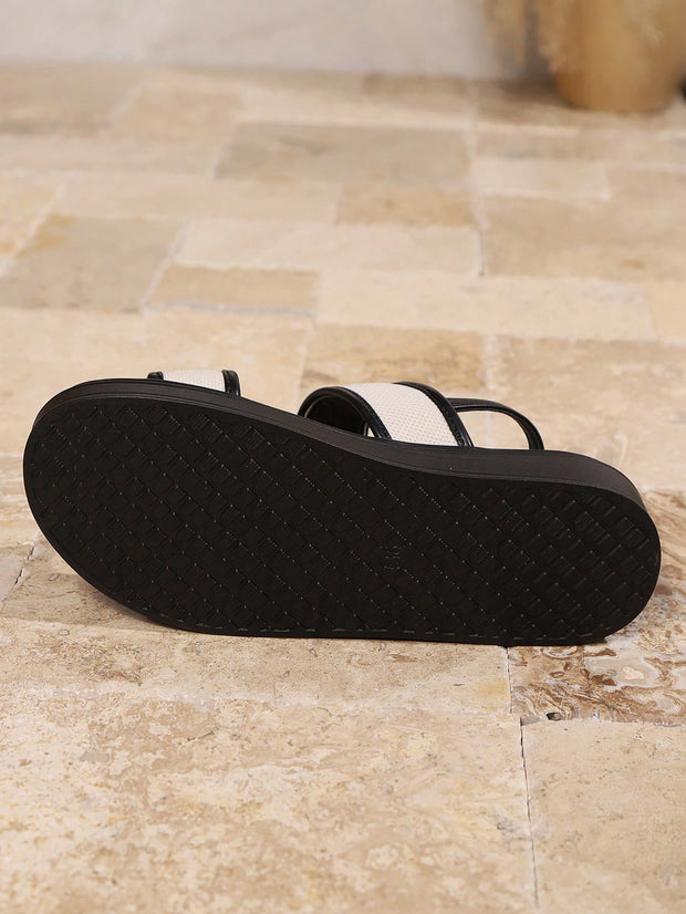 Women's Comfortable British Style Beach Sandals With Thick Outsoles, Cross Straps And Flat Casual Shoes In Two-Tone Colors, Ideal For Summer Outfits - Luxe Ladies Moda