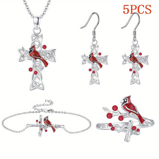 Fashionable Cardinal Bird & Cross Jewelry Set – Necklace, Earrings, Bracelet & Ring