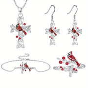 Fashionable Cardinal Bird & Cross Jewelry Set – Necklace, Earrings, Bracelet & Ring