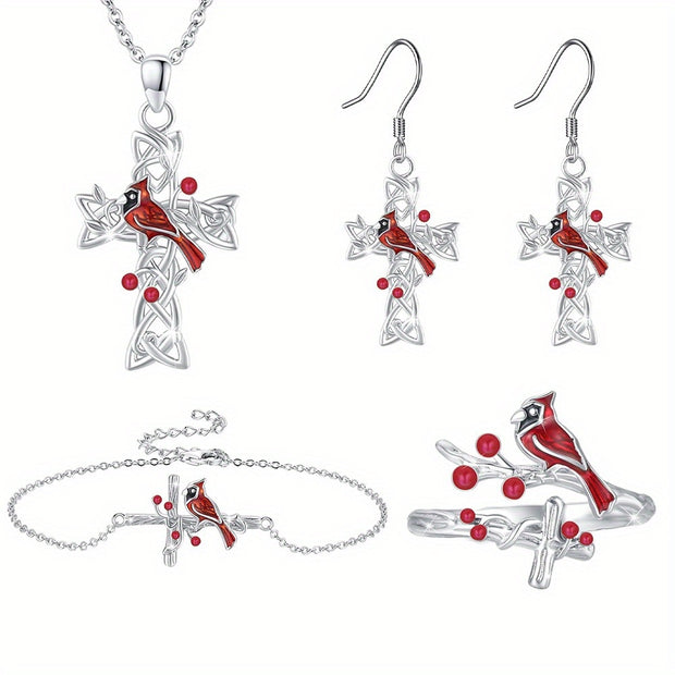 Fashionable Cardinal Bird & Cross Jewelry Set – Necklace, Earrings, Bracelet & Ring