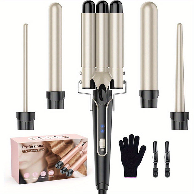 5-in-1 Waver Curling Iron Wand Set – Fast Heating 3 Barrel Hair Crimper for All Hair Types - Luxe Ladies Moda