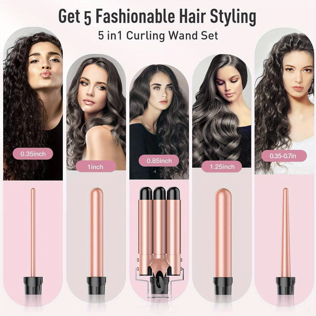 5-in-1 Waver Curling Iron Wand Set – Fast Heating 3 Barrel Hair Crimper for All Hair Types - Luxe Ladies Moda