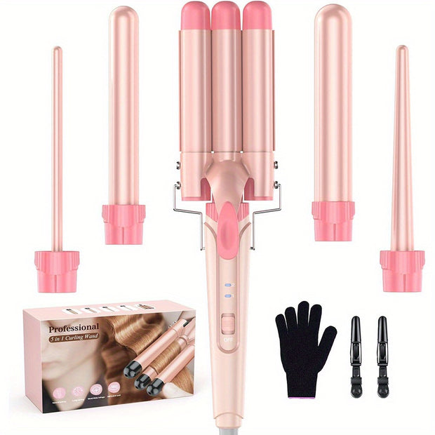 5-in-1 Waver Curling Iron Wand Set – Fast Heating 3 Barrel Hair Crimper for All Hair Types - Luxe Ladies Moda
