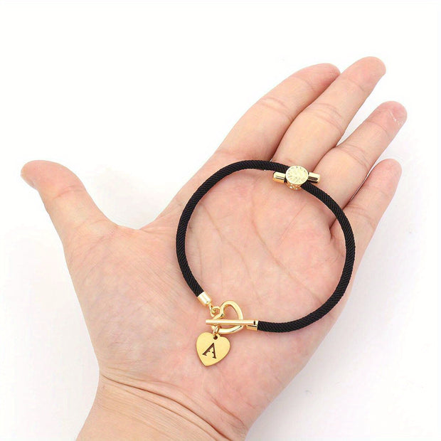 18K Gold Plated Initial Heart Charm Bracelet for Women, Classic Simple Adjustable Rope Stainless Steel Bangle, Daily Wear Jewelry – No Mosaic, Fits All Seasons - Luxe Ladies Moda