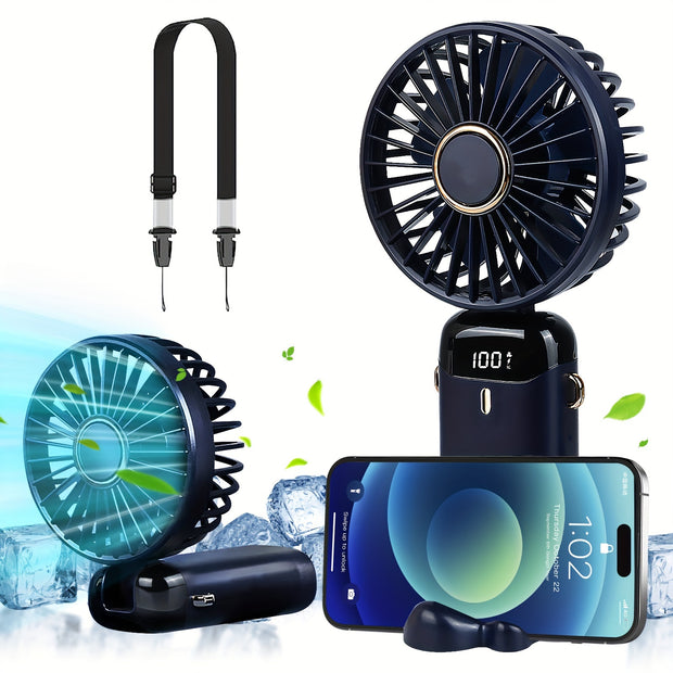 Portable Mini Handheld Fan - 5000mAh USB Rechargeable, Touch Control, 5-Speed Foldable Fan, LED Display, For Home, Office, Outdoor Hand Held/Desk/Neck Fan 3 In 1 Mini Fan With Base - Luxe Ladies Moda