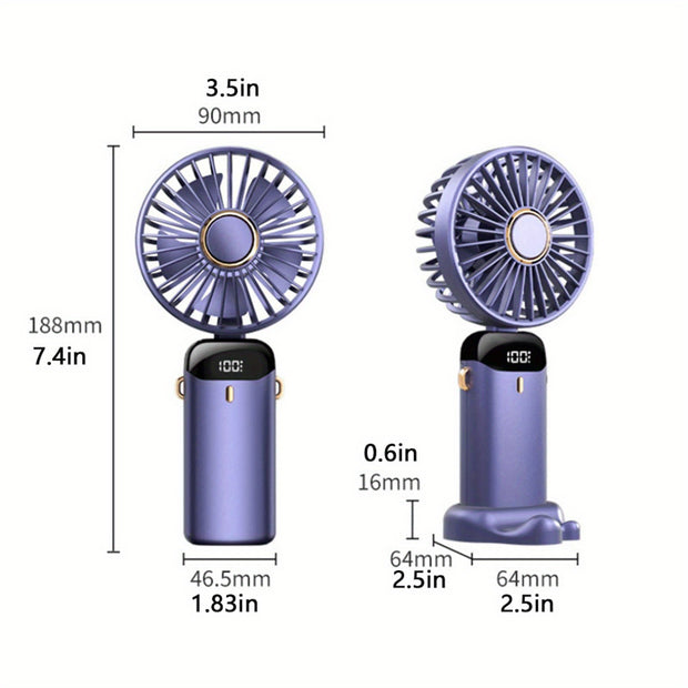 Portable Mini Handheld Fan - 5000mAh USB Rechargeable, Touch Control, 5-Speed Foldable Fan, LED Display, For Home, Office, Outdoor Hand Held/Desk/Neck Fan 3 In 1 Mini Fan With Base - Luxe Ladies Moda