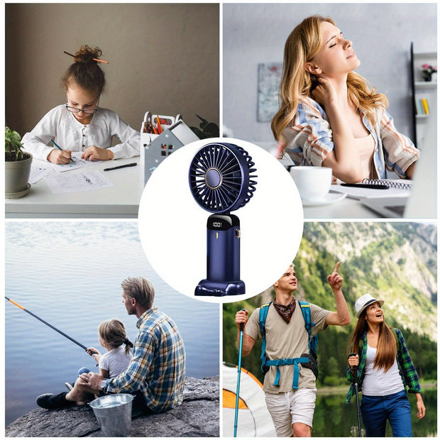 Portable Mini Handheld Fan - 5000mAh USB Rechargeable, Touch Control, 5-Speed Foldable Fan, LED Display, For Home, Office, Outdoor Hand Held/Desk/Neck Fan 3 In 1 Mini Fan With Base - Luxe Ladies Moda