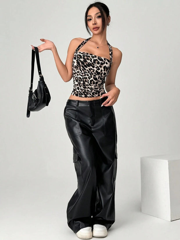 Summer Casual Women's Y2K Leopard Print Halter Crop Top - Luxe Ladies Moda