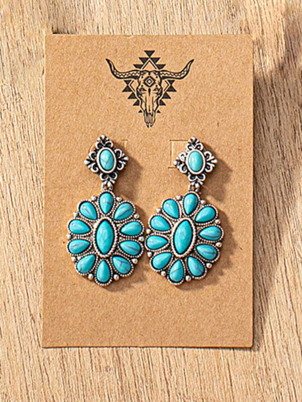 1 Pair Antique Silver Color Western Blue Turquoise Stone Decor Earring, Cowgirl Style Earrings Stud For Women - Luxe Ladies Moda