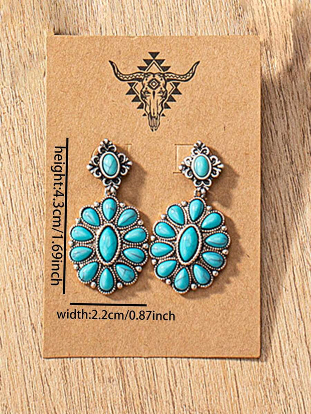1 Pair Antique Silver Color Western Blue Turquoise Stone Decor Earring, Cowgirl Style Earrings Stud For Women - Luxe Ladies Moda
