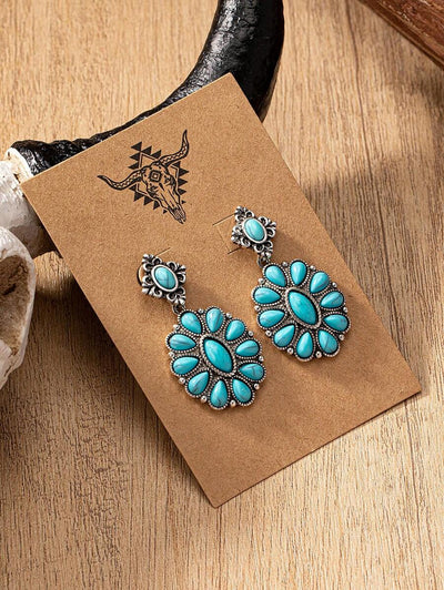 1 Pair Antique Silver Color Western Blue Turquoise Stone Decor Earring, Cowgirl Style Earrings Stud For Women - Luxe Ladies Moda