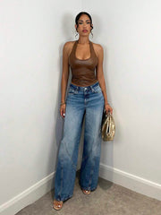 Women's Plain Halter Neck Simple Camisole, Casual Daily Wear Clothes PU Elasticity Fall Women Clothes Women Tops Women Clothes - Luxe Ladies Moda