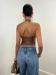 Women's Plain Halter Neck Simple Camisole, Casual Daily Wear Clothes PU Elasticity Fall Women Clothes Women Tops Women Clothes - Luxe Ladies Moda