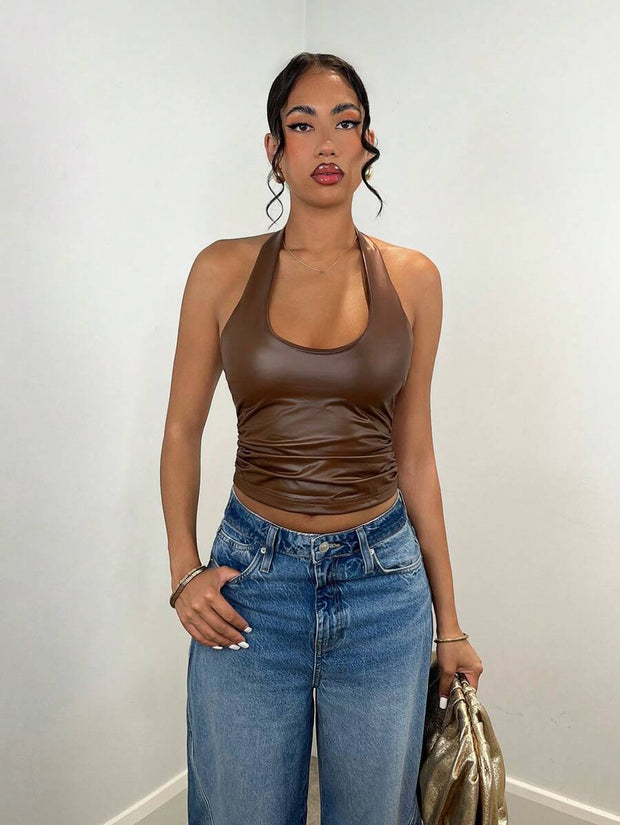 Women's Plain Halter Neck Simple Camisole, Casual Daily Wear Clothes PU Elasticity Fall Women Clothes Women Tops Women Clothes - Luxe Ladies Moda