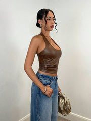 Women's Plain Halter Neck Simple Camisole, Casual Daily Wear Clothes PU Elasticity Fall Women Clothes Women Tops Women Clothes - Luxe Ladies Moda