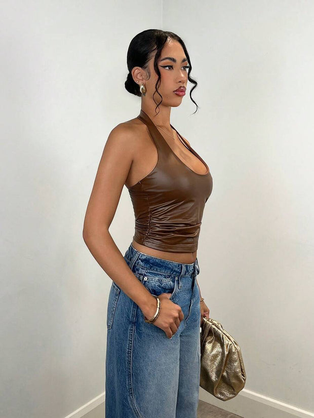 Women's Plain Halter Neck Simple Camisole, Casual Daily Wear Clothes PU Elasticity Fall Women Clothes Women Tops Women Clothes - Luxe Ladies Moda