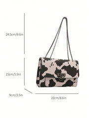 Vintage Metal Chain Strap Shoulder Bag, Cow Print PU Handbag With Metal Lock Flap Small Square Bag, Crossbody Bag For Women, Casual Cow Print Pattern Purse For Women - Luxe Ladies Moda