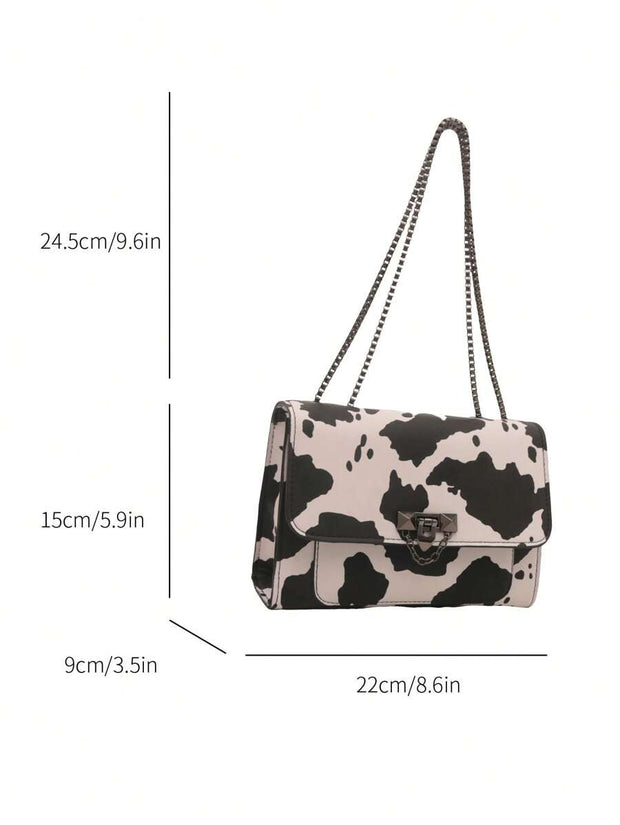 Vintage Metal Chain Strap Shoulder Bag, Cow Print PU Handbag With Metal Lock Flap Small Square Bag, Crossbody Bag For Women, Casual Cow Print Pattern Purse For Women - Luxe Ladies Moda