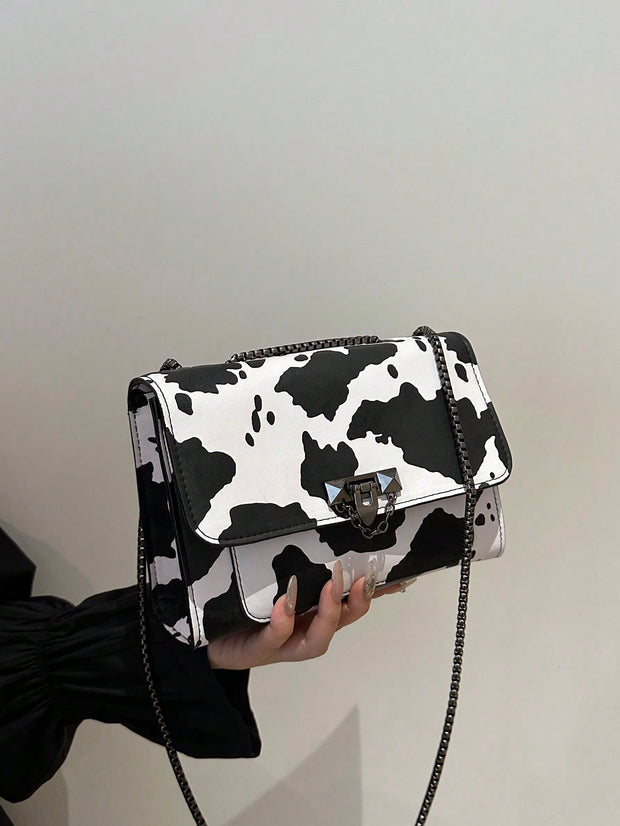 Vintage Metal Chain Strap Shoulder Bag, Cow Print PU Handbag With Metal Lock Flap Small Square Bag, Crossbody Bag For Women, Casual Cow Print Pattern Purse For Women - Luxe Ladies Moda