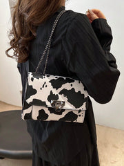 Vintage Metal Chain Strap Shoulder Bag, Cow Print PU Handbag With Metal Lock Flap Small Square Bag, Crossbody Bag For Women, Casual Cow Print Pattern Purse For Women - Luxe Ladies Moda