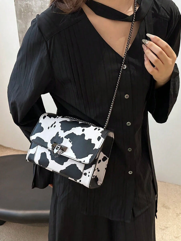 Vintage Metal Chain Strap Shoulder Bag, Cow Print PU Handbag With Metal Lock Flap Small Square Bag, Crossbody Bag For Women, Casual Cow Print Pattern Purse For Women - Luxe Ladies Moda