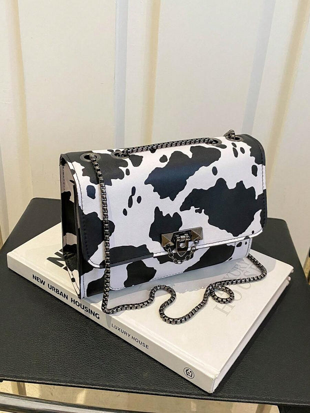 Vintage Metal Chain Strap Shoulder Bag, Cow Print PU Handbag With Metal Lock Flap Small Square Bag, Crossbody Bag For Women, Casual Cow Print Pattern Purse For Women - Luxe Ladies Moda