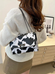 Vintage Metal Chain Strap Shoulder Bag, Cow Print PU Handbag With Metal Lock Flap Small Square Bag, Crossbody Bag For Women, Casual Cow Print Pattern Purse For Women - Luxe Ladies Moda
