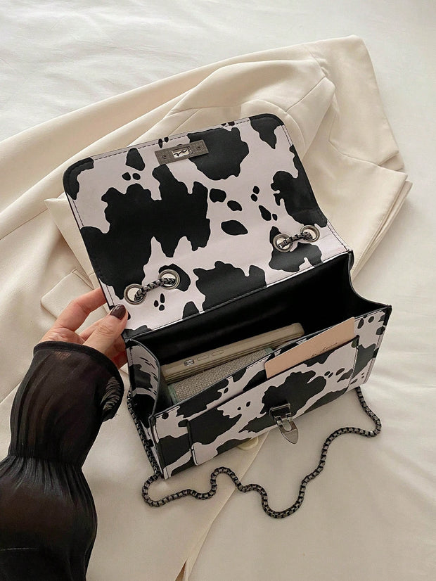 Vintage Metal Chain Strap Shoulder Bag, Cow Print PU Handbag With Metal Lock Flap Small Square Bag, Crossbody Bag For Women, Casual Cow Print Pattern Purse For Women - Luxe Ladies Moda
