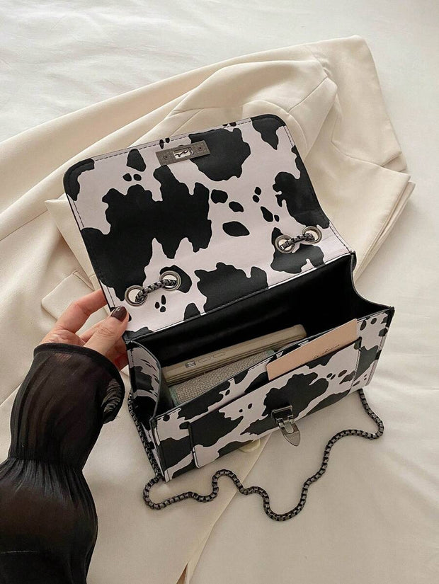 Vintage Metal Chain Strap Shoulder Bag, Cow Print PU Handbag With Metal Lock Flap Small Square Bag, Crossbody Bag For Women, Casual Cow Print Pattern Purse For Women - Luxe Ladies Moda