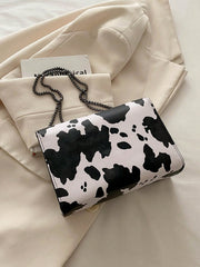 Vintage Metal Chain Strap Shoulder Bag, Cow Print PU Handbag With Metal Lock Flap Small Square Bag, Crossbody Bag For Women, Casual Cow Print Pattern Purse For Women - Luxe Ladies Moda
