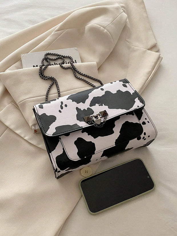 Vintage Metal Chain Strap Shoulder Bag, Cow Print PU Handbag With Metal Lock Flap Small Square Bag, Crossbody Bag For Women, Casual Cow Print Pattern Purse For Women - Luxe Ladies Moda