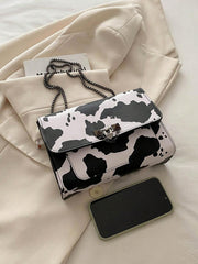 Vintage Metal Chain Strap Shoulder Bag, Cow Print PU Handbag With Metal Lock Flap Small Square Bag, Crossbody Bag For Women, Casual Cow Print Pattern Purse For Women - Luxe Ladies Moda