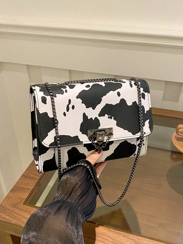 Vintage Metal Chain Strap Shoulder Bag, Cow Print PU Handbag With Metal Lock Flap Small Square Bag, Crossbody Bag For Women, Casual Cow Print Pattern Purse For Women - Luxe Ladies Moda