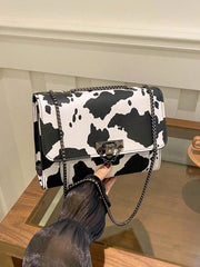 Vintage Metal Chain Strap Shoulder Bag, Cow Print PU Handbag With Metal Lock Flap Small Square Bag, Crossbody Bag For Women, Casual Cow Print Pattern Purse For Women - Luxe Ladies Moda
