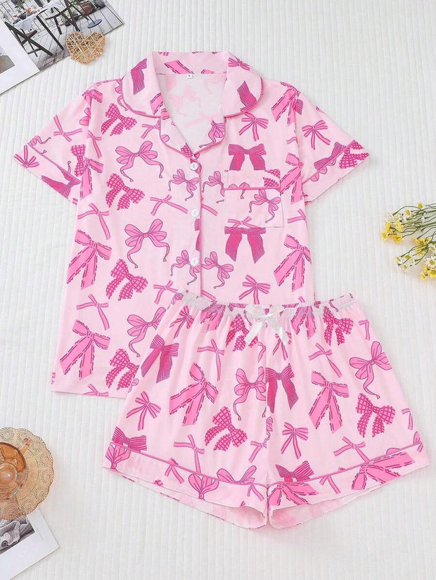 2pcs Bow Print Loungewear Set For Women, Comfortable Short Sleeve Collared Button-Up Shirt And Elastic Waist Shorts, Casual Outdoor/Indoor Sleepwear And Homewear, All Seasons,Two Pieces Set - Luxe Ladies Moda