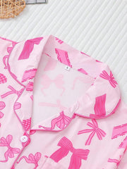 2pcs Bow Print Loungewear Set For Women, Comfortable Short Sleeve Collared Button-Up Shirt And Elastic Waist Shorts, Casual Outdoor/Indoor Sleepwear And Homewear, All Seasons,Two Pieces Set - Luxe Ladies Moda