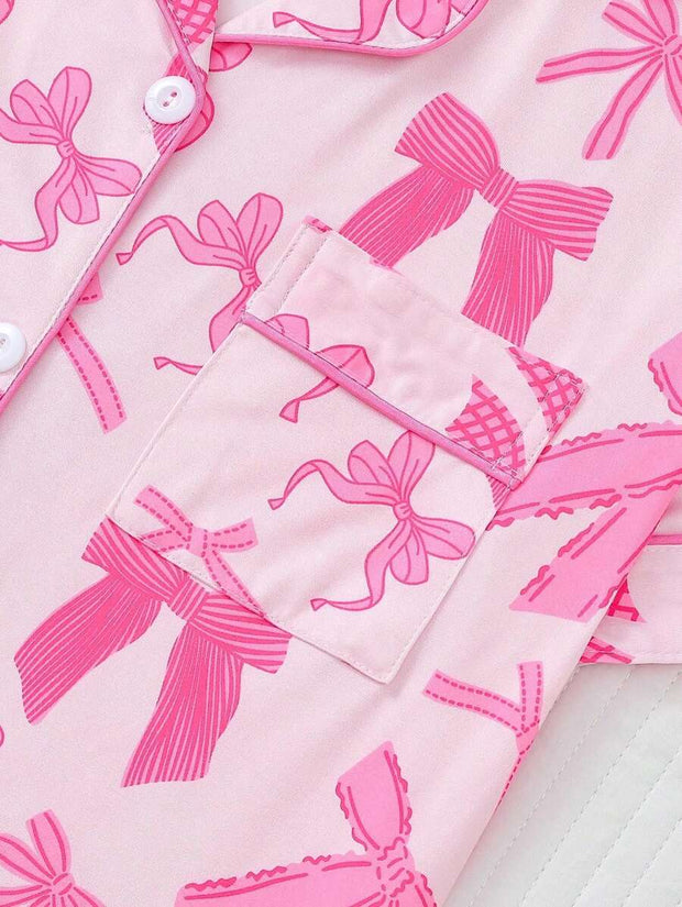 2pcs Bow Print Loungewear Set For Women, Comfortable Short Sleeve Collared Button-Up Shirt And Elastic Waist Shorts, Casual Outdoor/Indoor Sleepwear And Homewear, All Seasons,Two Pieces Set - Luxe Ladies Moda