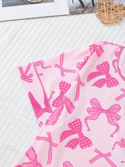 2pcs Bow Print Loungewear Set For Women, Comfortable Short Sleeve Collared Button-Up Shirt And Elastic Waist Shorts, Casual Outdoor/Indoor Sleepwear And Homewear, All Seasons,Two Pieces Set - Luxe Ladies Moda