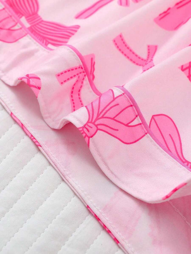 2pcs Bow Print Loungewear Set For Women, Comfortable Short Sleeve Collared Button-Up Shirt And Elastic Waist Shorts, Casual Outdoor/Indoor Sleepwear And Homewear, All Seasons,Two Pieces Set - Luxe Ladies Moda